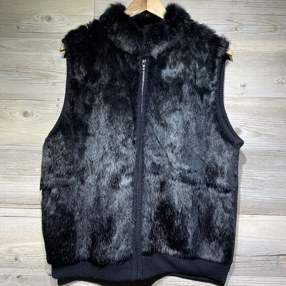 Rochelle California Black Rabbit Fur & Knit Full-Zip Vest Size Large Mob Wife - Picture 1 of 7
